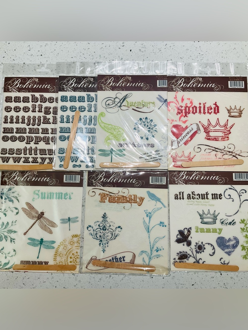 NIP 7pc Vintage 2006 My Minds Eye Bohemia Rub Ons Scrapbooking Paper Crafts DIY
